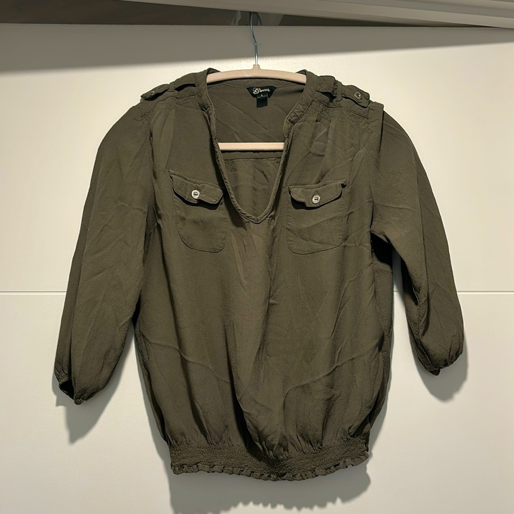 Army Green Blouse with Shoulder Decor and Front Pockets